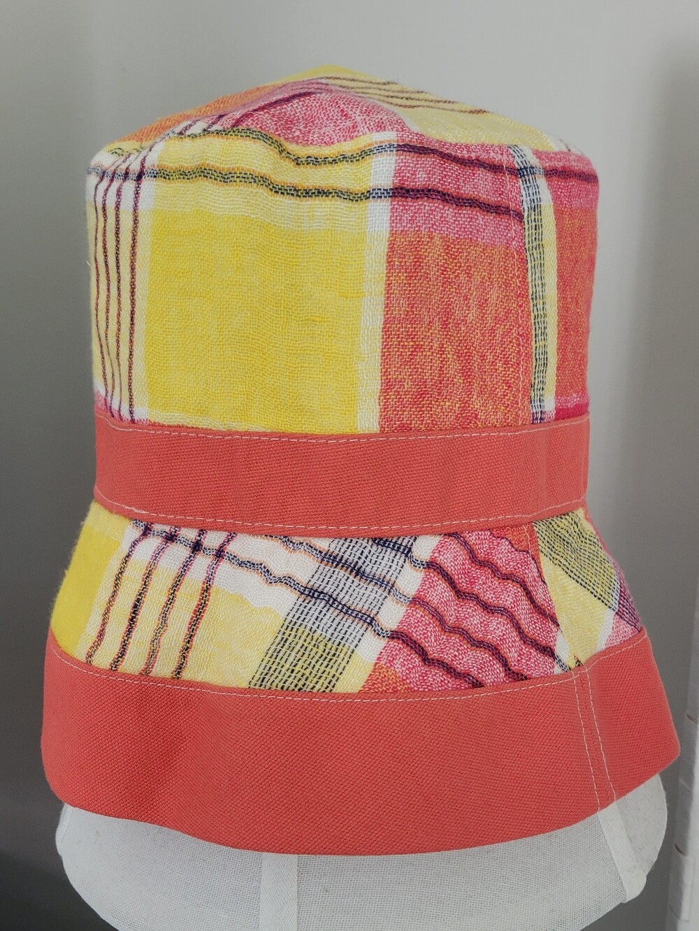 J Crew Vintage Linen & Cotton Colorblock Plaid Bucket Hat - Yellow & Coral
